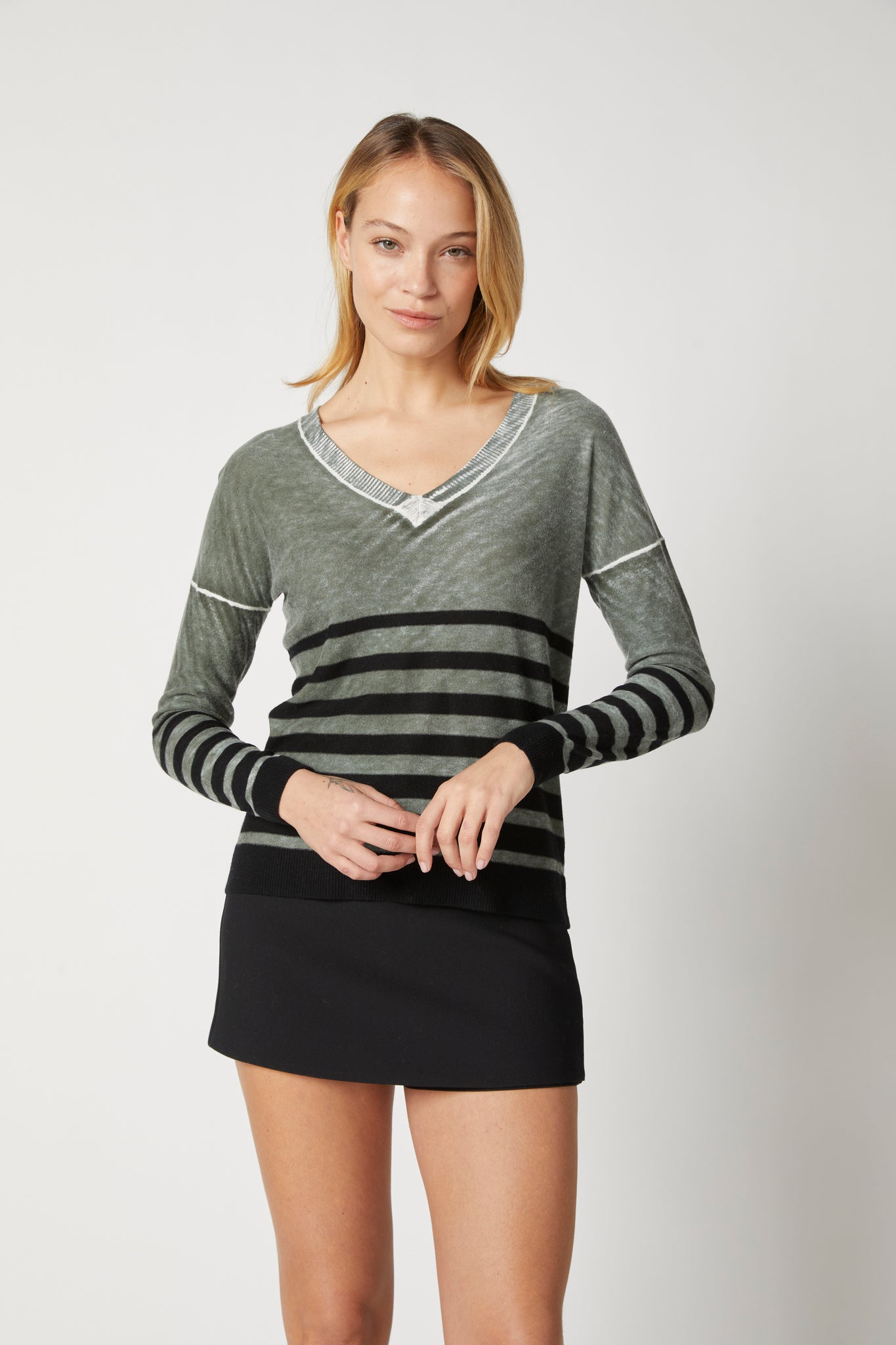 Overdyed Stripe V Neck